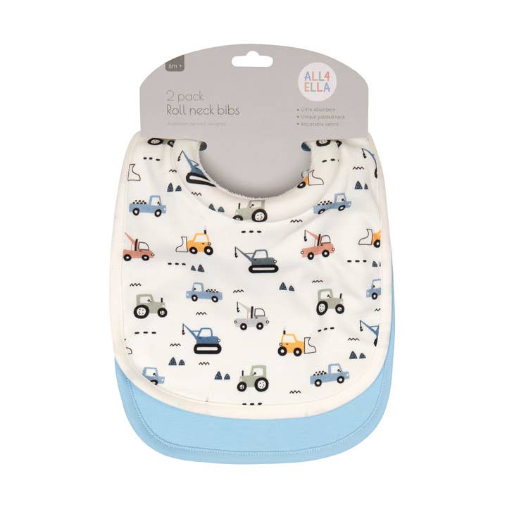 All4Ella - Wholesale Bib - Baby - Roll Neck Bibs 2pk - Diggers0