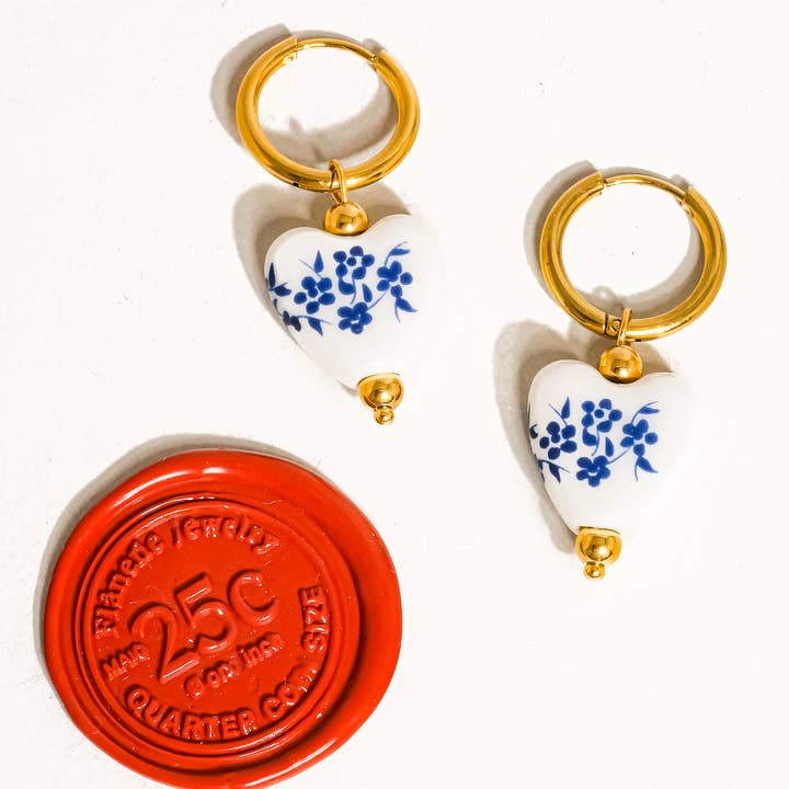 Blue Yun 18K Gold Non-Tarnish Ceramic Floral Heart Earring for wholesale on Faire