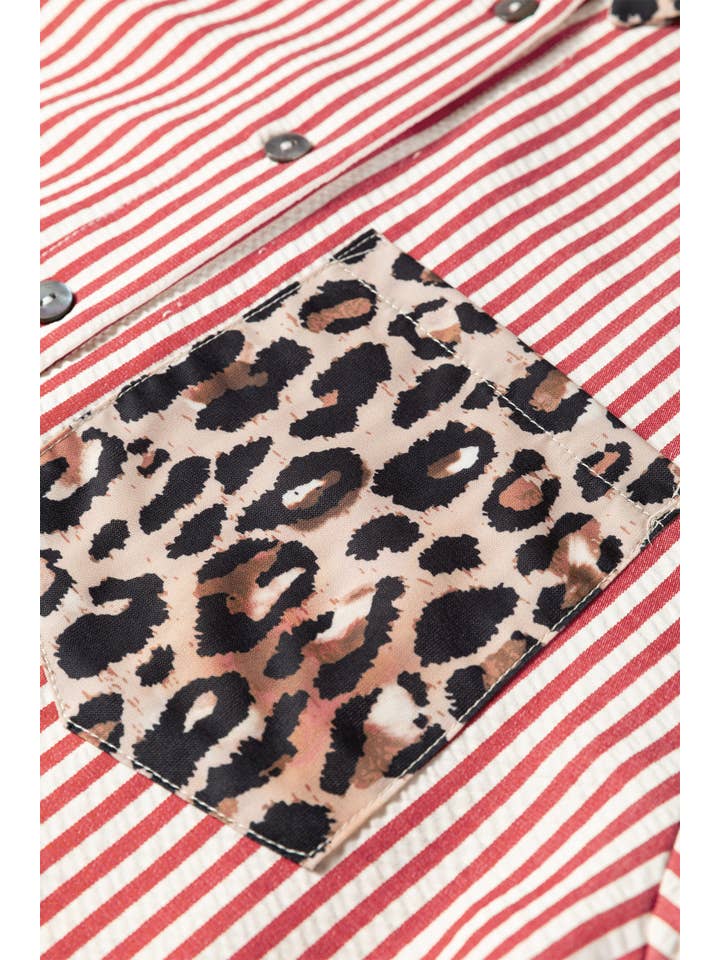 66DISCO - Vente Chemise à col boutonné – femme - Chemise à boutons léopard et rayures contrastées chic printemps 202610