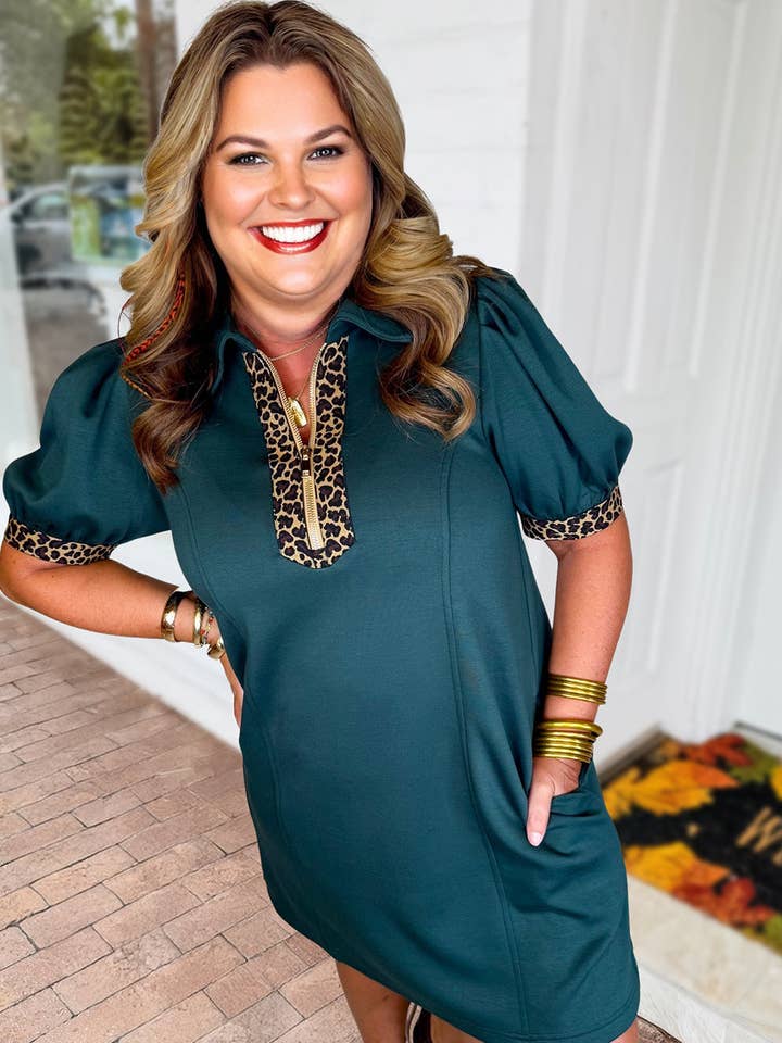 Plus Size Leopard Patchwork Quarter-Zip Collared Dress for wholesale by PRETTY BASH