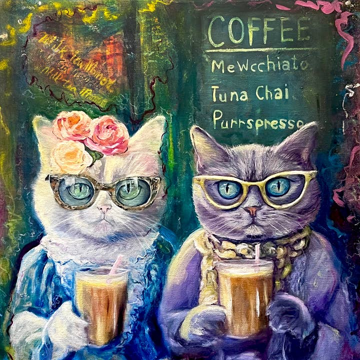 Cats N Coffee – Whimsical Fine Art Print For Cat Lovers and other Purchase Wholesale java blue coffee. Free Returns & Net 60 Terms on Faire trending on Faire.
