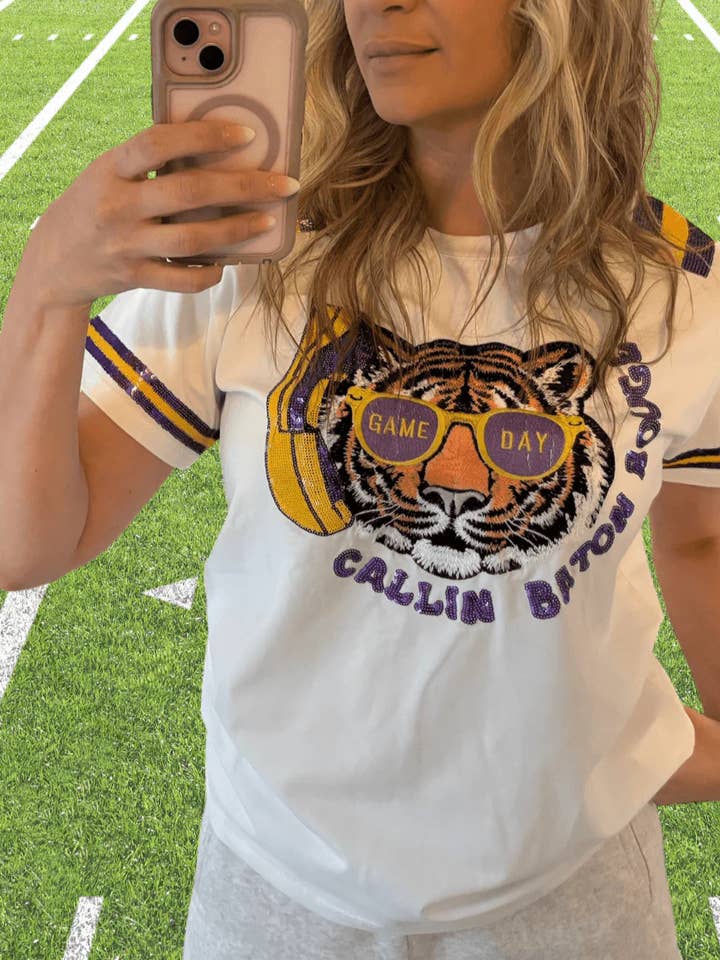 Callin Baton Rouge Sequin Tiger T Shirt for wholesale by Sash Clothing Bar