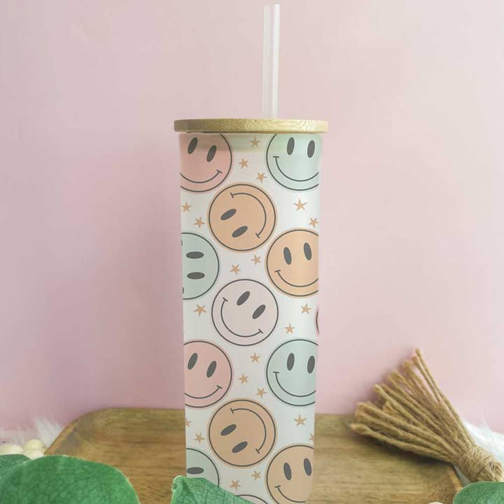 Rainbow Smiley Face Tall Glass Can for wholesale by Cups4Cuties