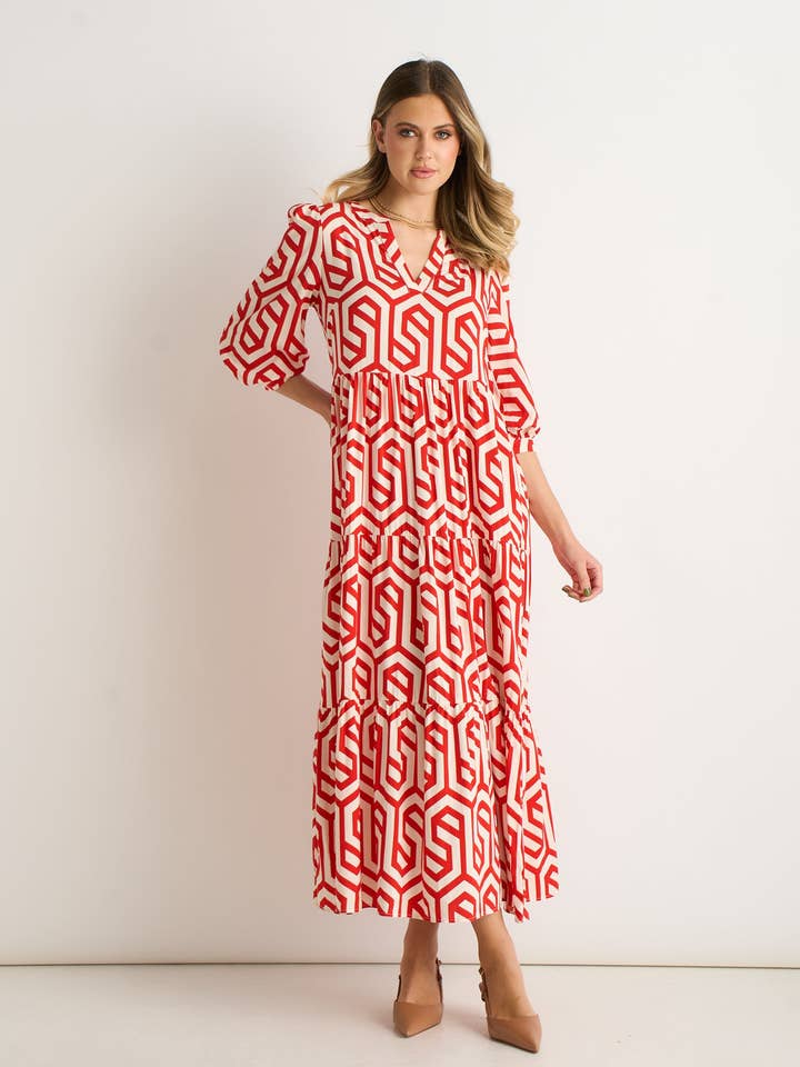 Rød Geo Print Smock Maxi Kjole for engroshandel hos GINI LONDON