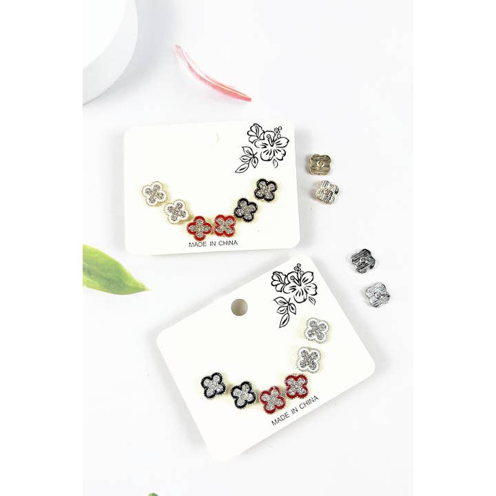 ASSORTED 3 PAIR CLOVER GLITTER STUD EARRING for wholesale on Faire