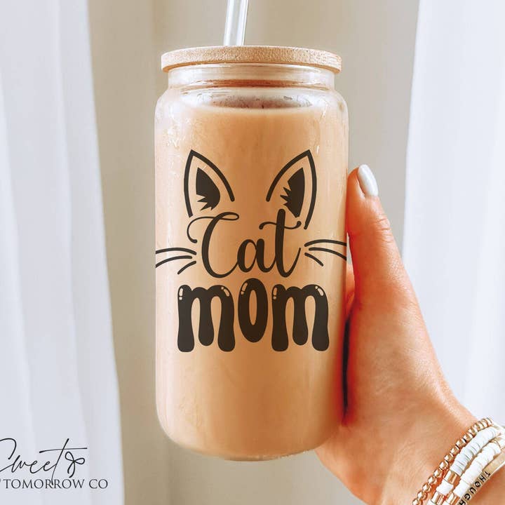 Cat Mom Glass Tumbler Cute Iced Coffee Cup with Paw Print for wholesale by Cataleya Designs Studio LLC