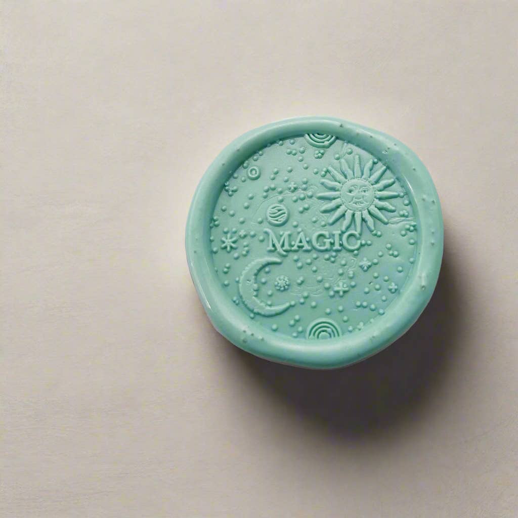 Soothi | Containers Of Creativity - Wholesale Rubber/Decorative Stamp - Whimsical "Magic" Wax Seal Stamp with Sun, Moon & Stars - En2