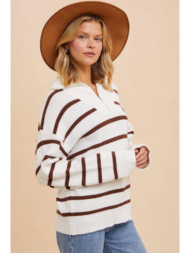 In Loom - Wholesale Knit Sweater - Women's - STRIPED HALF ZIP KNITTED PULLOVER