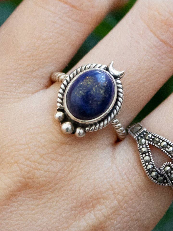 Lapis Lazuli Ring, September Birthstone, Crescent Moon Ring, Half Moon, SKU 6183 for wholesale by Ambra Jewels