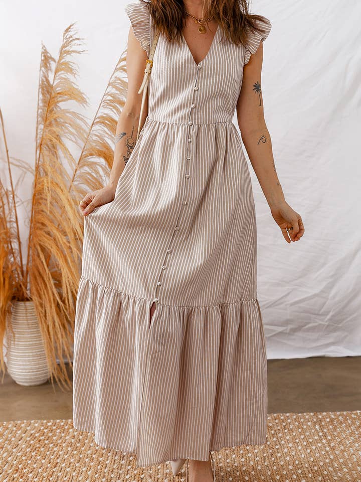 Flutter Sleeve Buttoned Front Slit Maxi Dress for wholesale by 1 the Woman