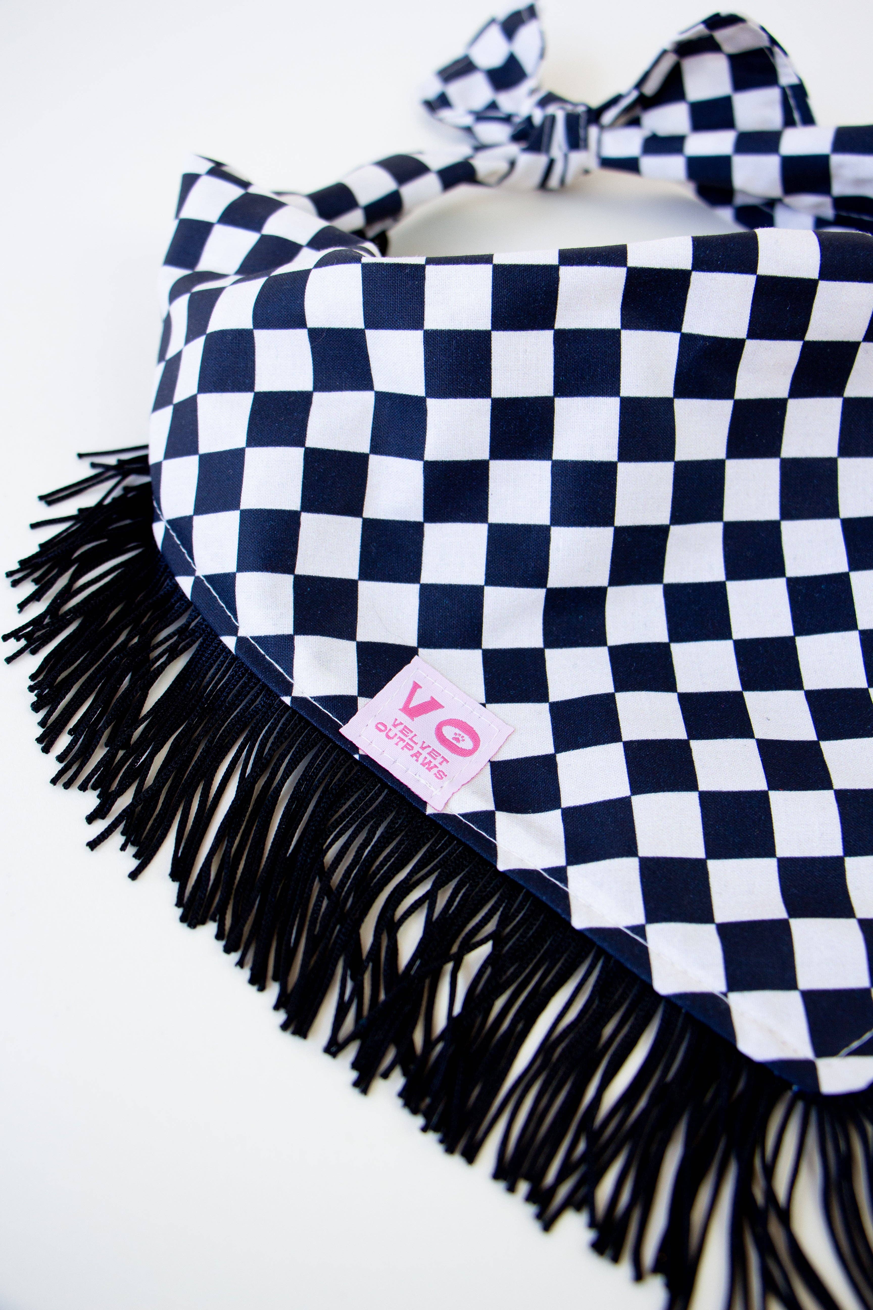 Velvet Outlaw - Wholesale Pet Bandana - Dog - Black & White Checker Dog Bandana with Fringe - Pet Accessories8