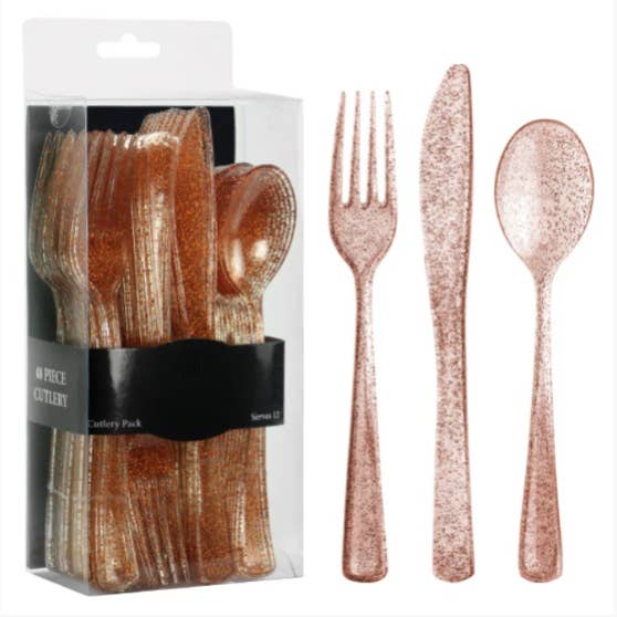 Rose Gold Glitter Combo Cutlery Box – Elegant Disposable Flatware for wholesale by EcoQuality