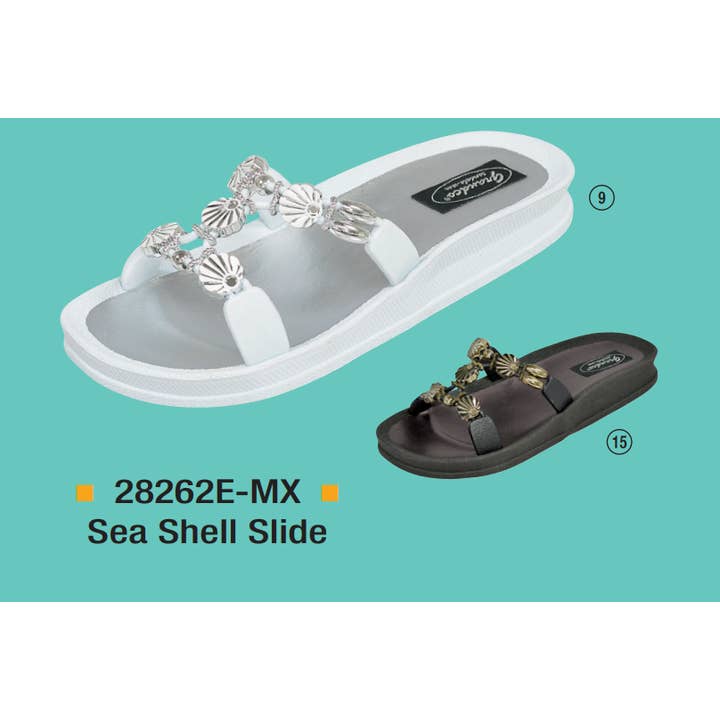 Sea Shell Slide, 6-11, BK/WT per la vendita all'ingrosso da parte di Grandco Sandals