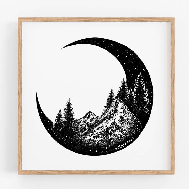 Mountain and Forest Crescent Moon Art Print for wholesale by Kaari & Co.