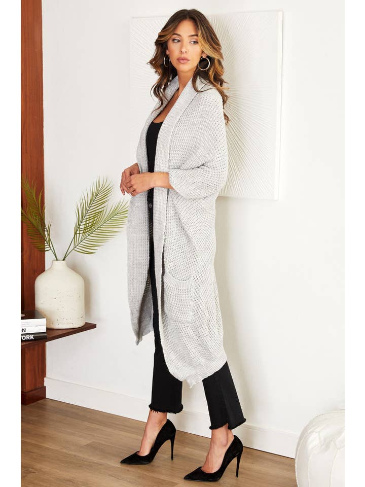 VENTI6 - Wholesale Cardigan - Women's - SHAWL COLLAR LONG CARDIGAN WITH POCKETS(3841-LIGHT GREY)1