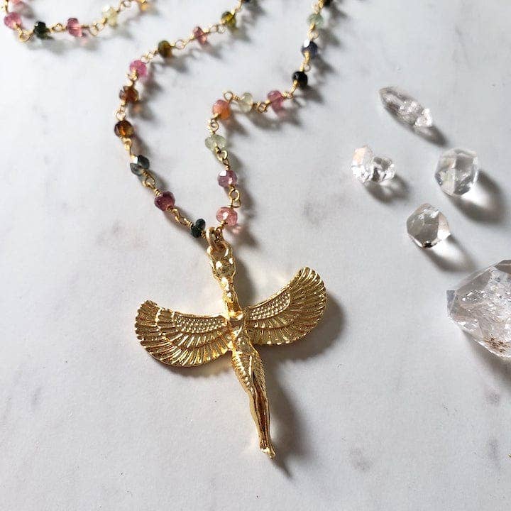 Dreamers of Dreams – wholesale Pendant/charm necklace – Winged Egyptian Goddess Isis: Tourmaline + Turquoise1