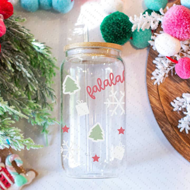 Tasse en verre Falalala 16 oz avec couvercle en bambou et paille #100229 pour la vente par Sayers & Co.