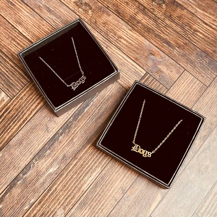 Dogs word Necklace stainless steel gold animal lover for wholesale by The Silver Spider