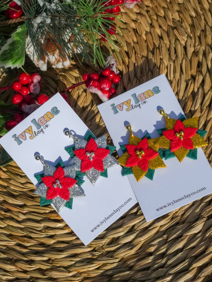Glitter Poinsettia | Christmas | Polymer Clay Earrings for wholesale by Ivy Lane Clay Co.