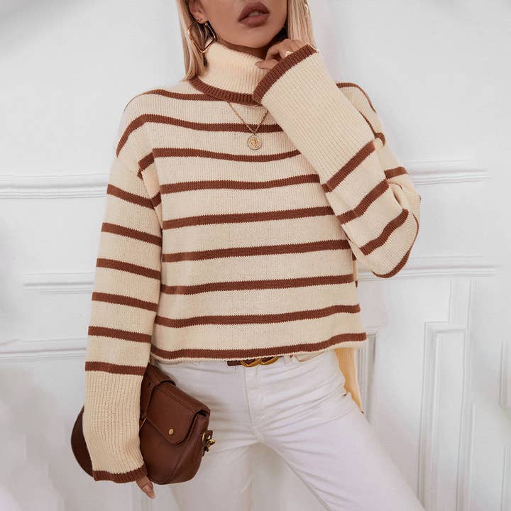 LAPEL-STYLE COMMUTER STRIPED PLUS SIZE SWEATER for wholesale by Lily Clothing