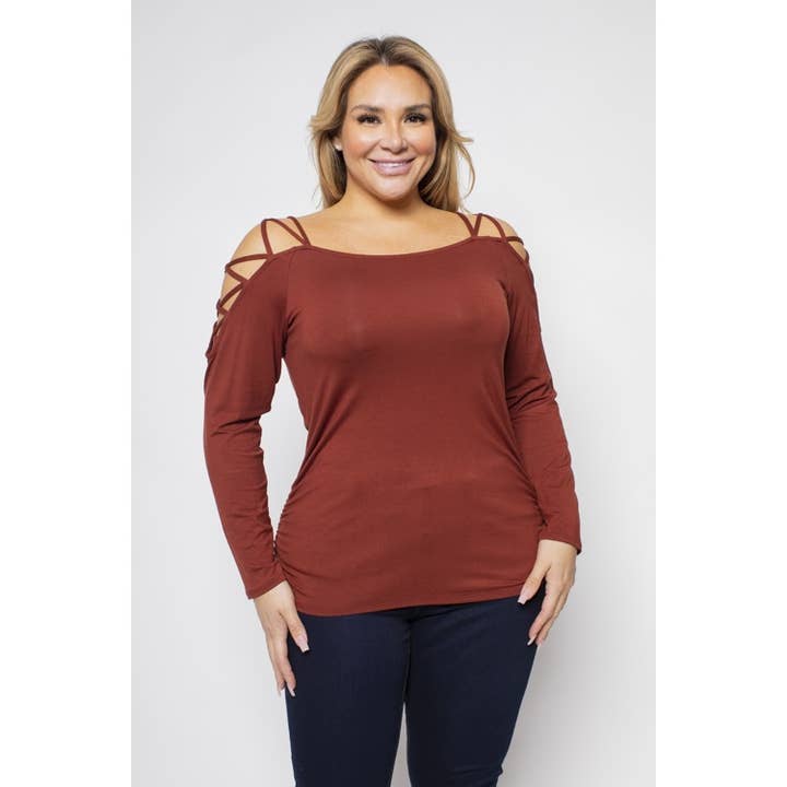 TOP IN MAGLIA A MANICHE LUNGHE CON SPALLE SCOPERTE E SPALLINE TAGLIE FORTI per la vendita all'ingrosso da parte di Curve Market