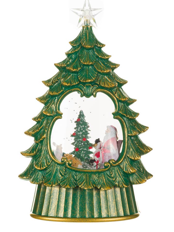 NEW-Green Led Star Topped Tree Snow Globe W/ Cozy Santa & Co for wholesale by Starlight Collection