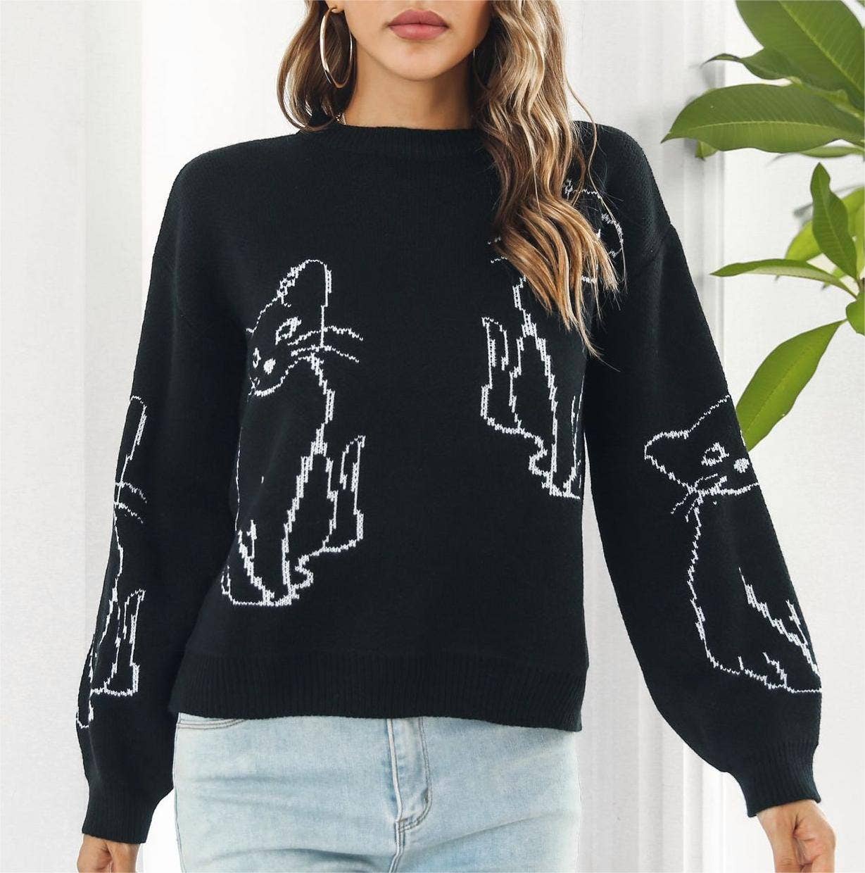 Rosa Clothing - Vente Pull en maille – femme - Pull jacquard tricoté à motif animaux chat12