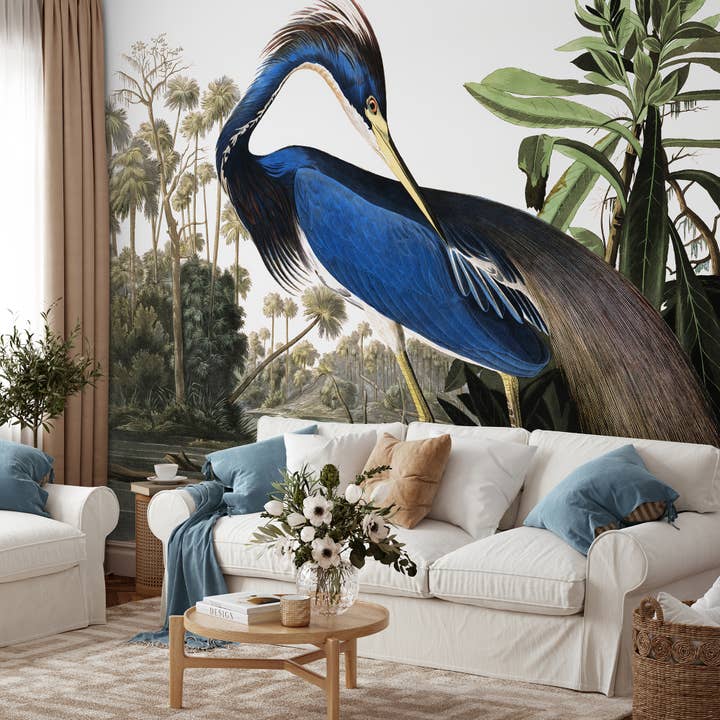 Vintage Animal Wall Mural, Louisiana Heron Animal Wallpaper for wholesale by SimurgWallArts