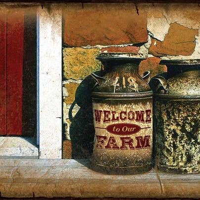 WELCOME FARM MILK CAN 8X12 WOOD SIGN for wholesale by Art Brand Studios