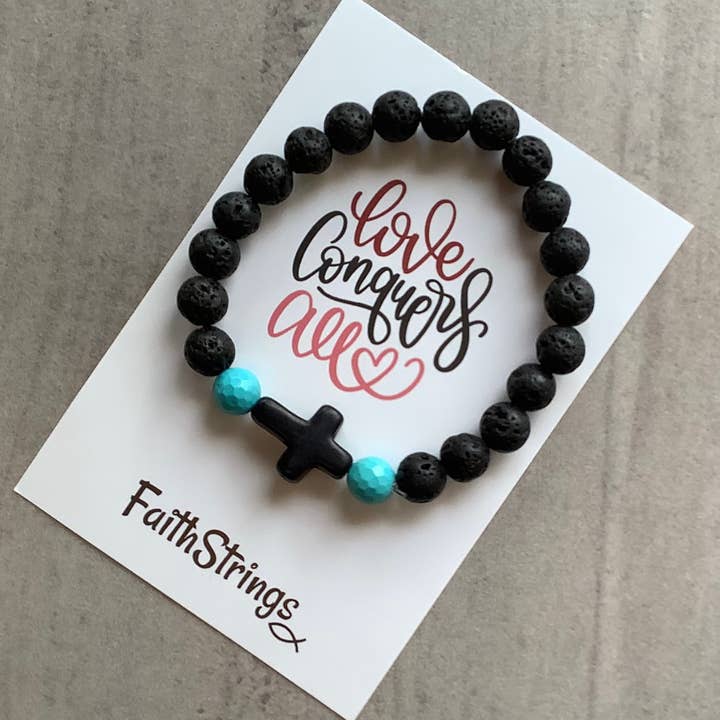 Faithstrings - Wholesale Beaded Bracelet - Christian Gift Lava Bead Bracelet Black Cross Turquoise Love