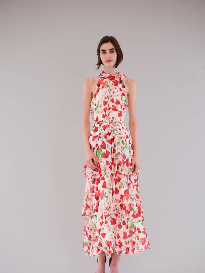 Vestido largo con cuello halter anudado y falda con volantes. para venta al por mayor de Julia Jordan