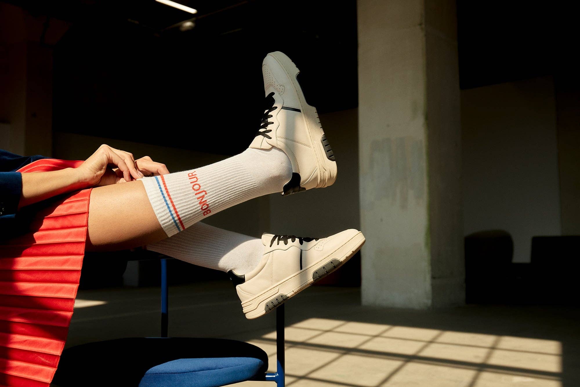 Natural Vibes - Wholesale Socks - Unisex - Bonjour Socks - White Crew Socks with Stripes and Text2