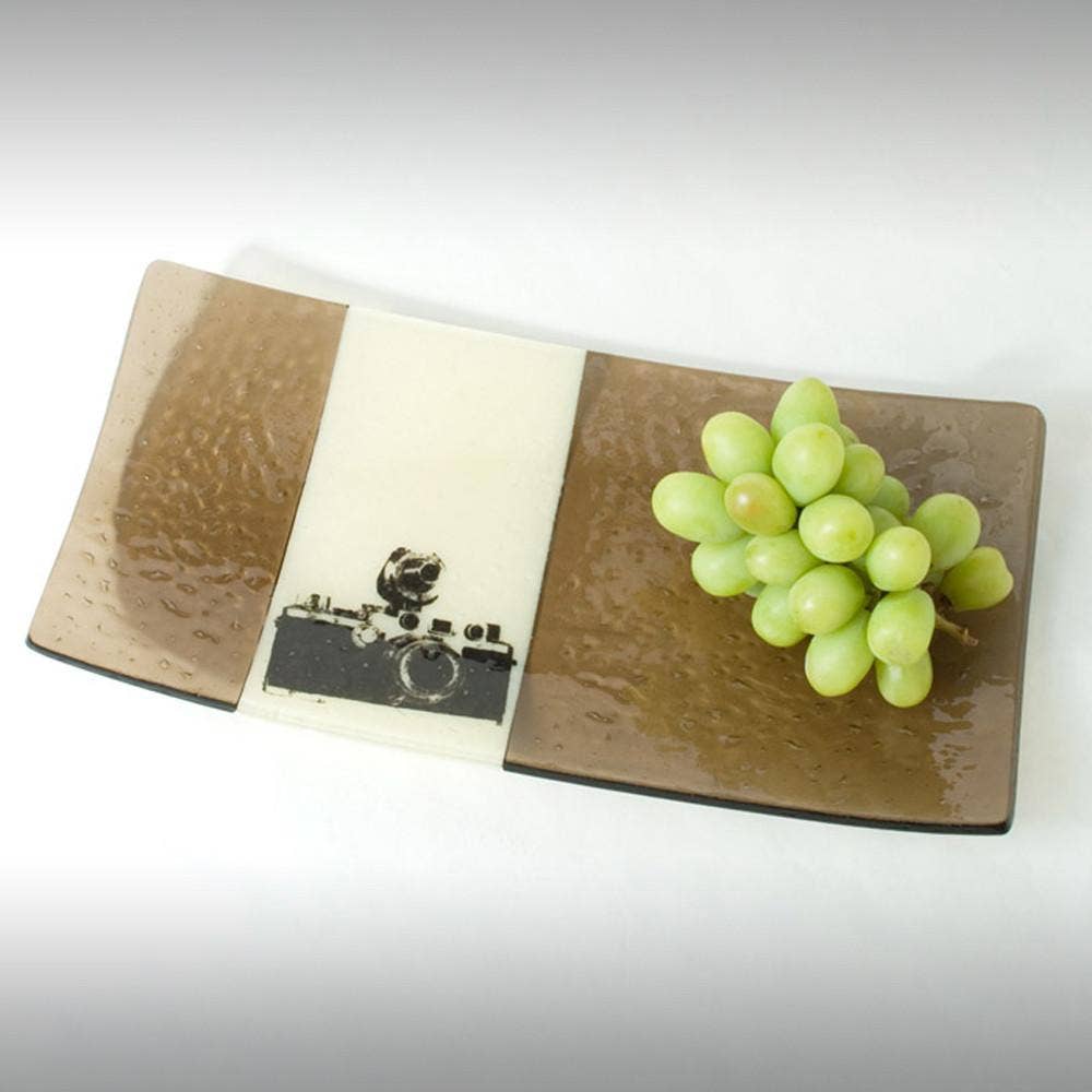 Kiku Handmade | Contemporary Fused Glass Home Goods - Wholesale Platter - Camera 15" Long Fused Glass Serving Platter0
