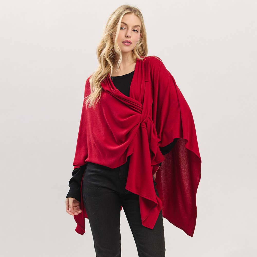 Sensibling Corp. - Wholesale Poncho - Dames - Asymmetrische Zoom Solide Doorknoop Gedrapeerde Strik-Voorkant Wikkelponcho12