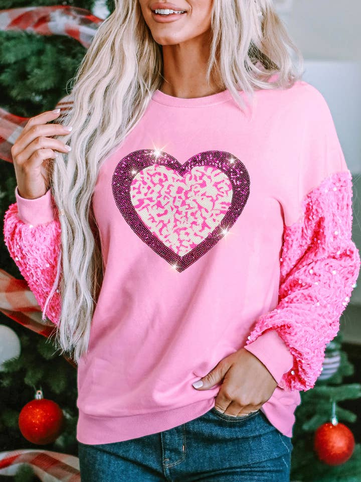 Pink Leopard Heart Graphic Sequin Patchwork Long Sleeve Valentines Top for wholesale by Lovesoft