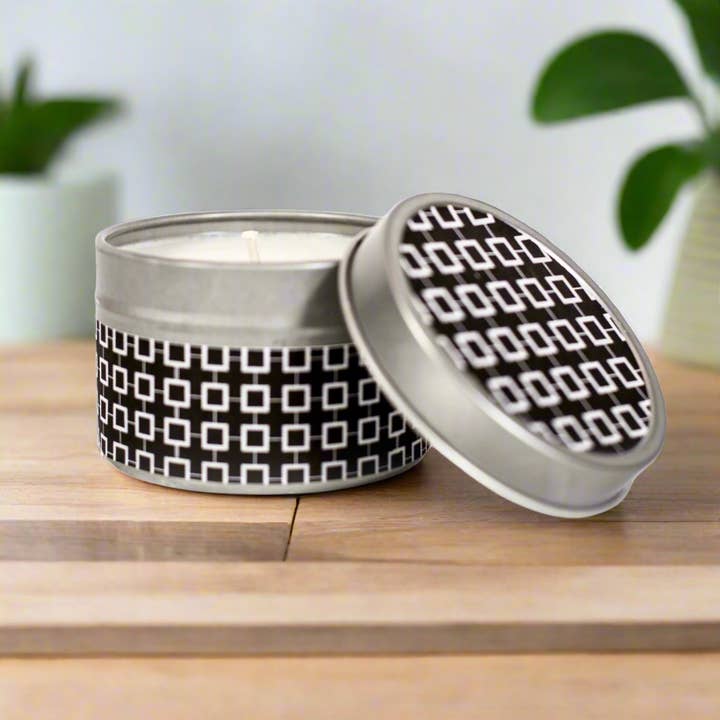 Simple Squares Mid Century Black and White Travel Candle for wholesale by Mod Lounge Paper Company