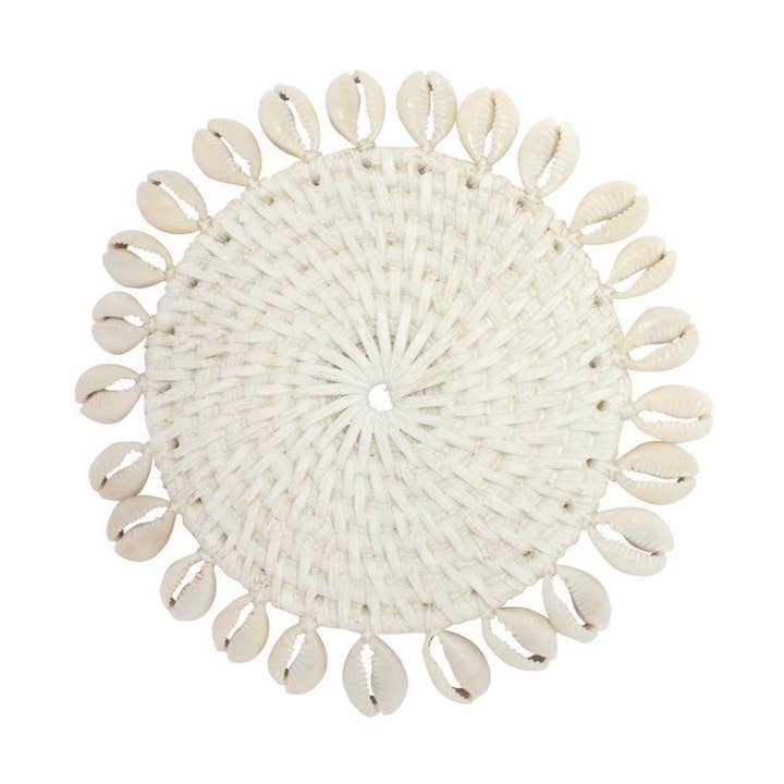 Rattan Coaster with Cowrie Shell - White Boho Straw Raffia for wholesale by Bali Harvest
