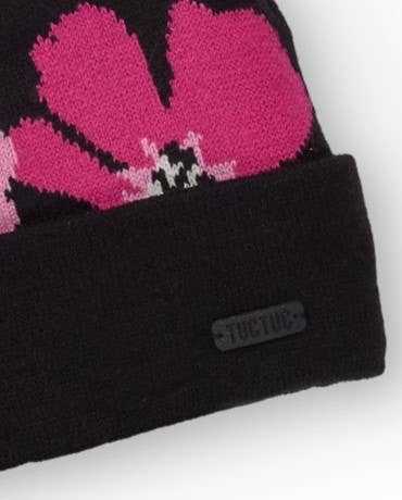 tuc tuc - Wholesale Beanie - Kids - Black girl's hat with floral print and pink pompom3