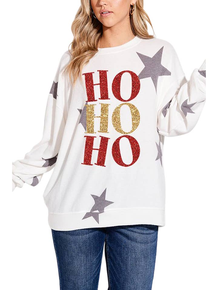 IVORY Hohoho Glitter Star Print Brushed Soft Sweatshirt for wholesale on Faire