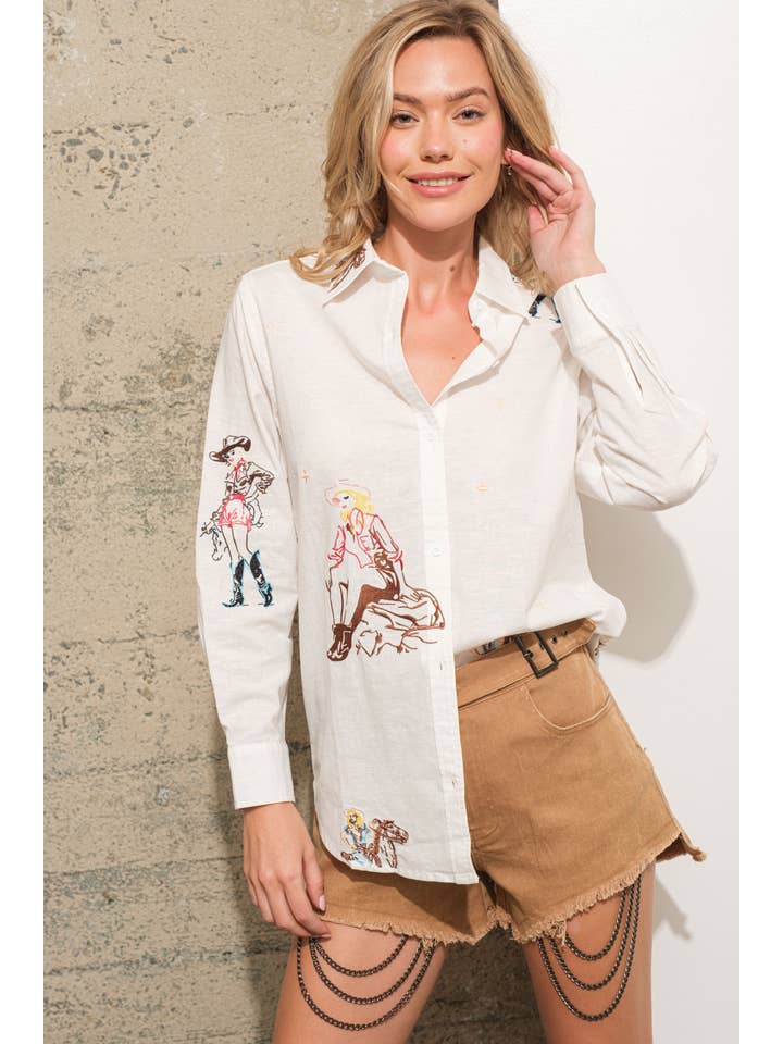 Blue B - Vendita all'ingrosso Camicia button down - Donna - Camicia in lino con bottoni e motivo ricamato da cowgirl western4