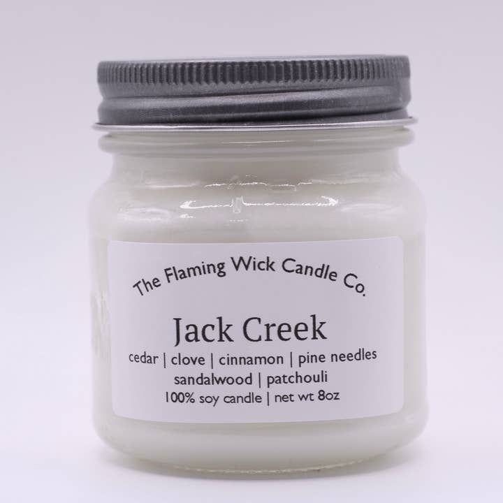 Jack Creek soy candle glass mason jar with pewter lid for wholesale by The Flaming Wick Candle Co.