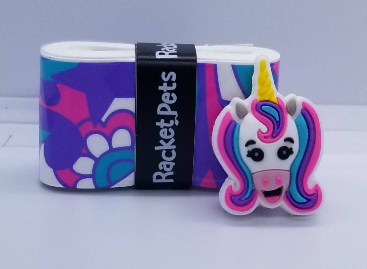 Racket Pets – Großhandel Sportliches Zubehör – Einhorn-Tennis-Übergriffband, pink/lila, mit passendem stoßdämpfendem Dämpfer für Tennisschläger1