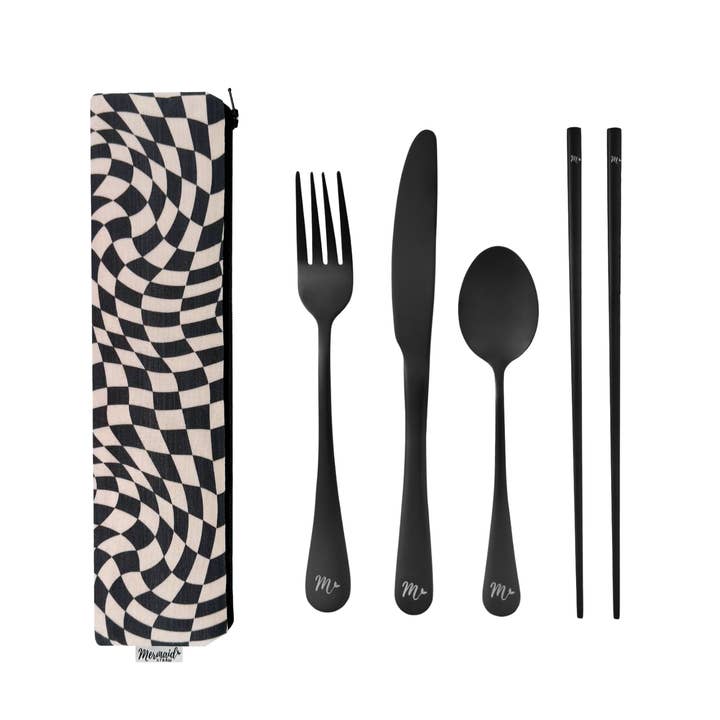 Mermaid Straw - Wholesale Travel Utensil Set - Wavy Checker Travel Set