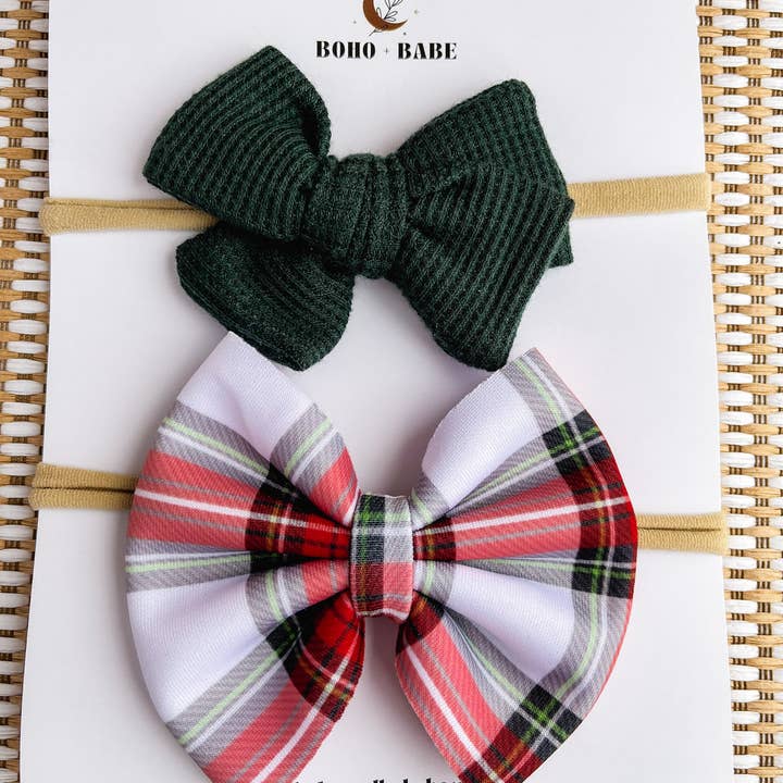 Holiday Baby Bow Headband Set - Plaid for wholesale by Boho + Babe
