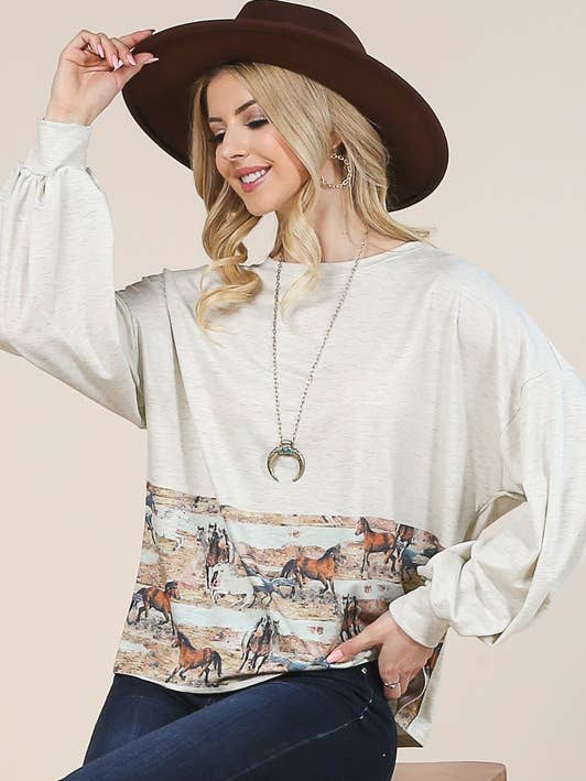 TOP DE FELPA FRANCESA CON ESTAMPADO DE CABALLOS AV1171-LISA para venta al por mayor de Avery