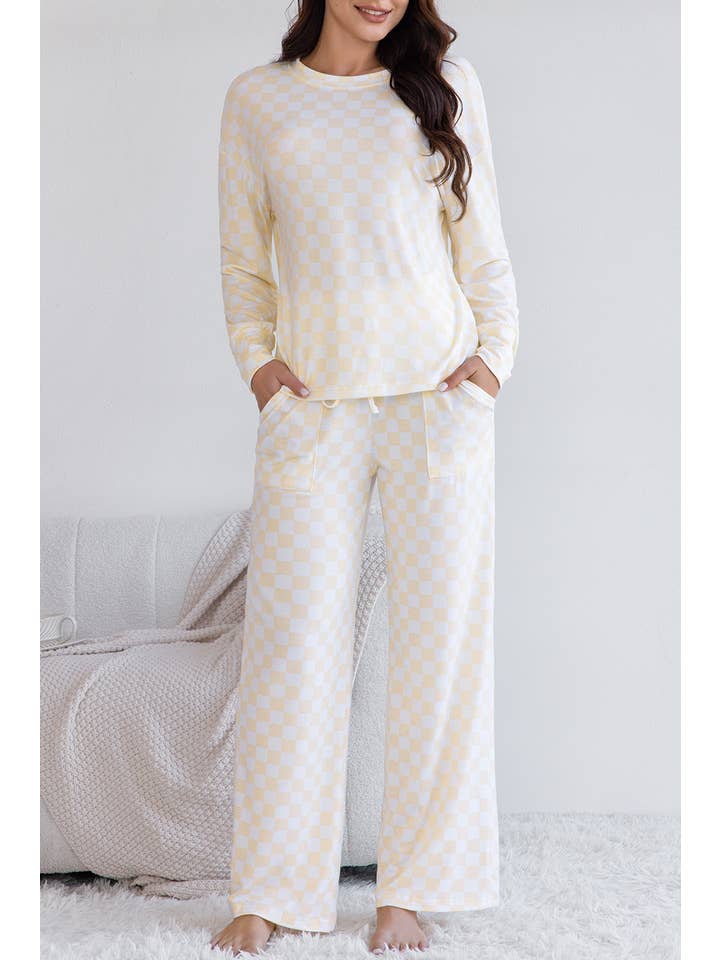 Beige Checkered Print Long Sleeve Top and Pants Lounge Set for wholesale on Faire