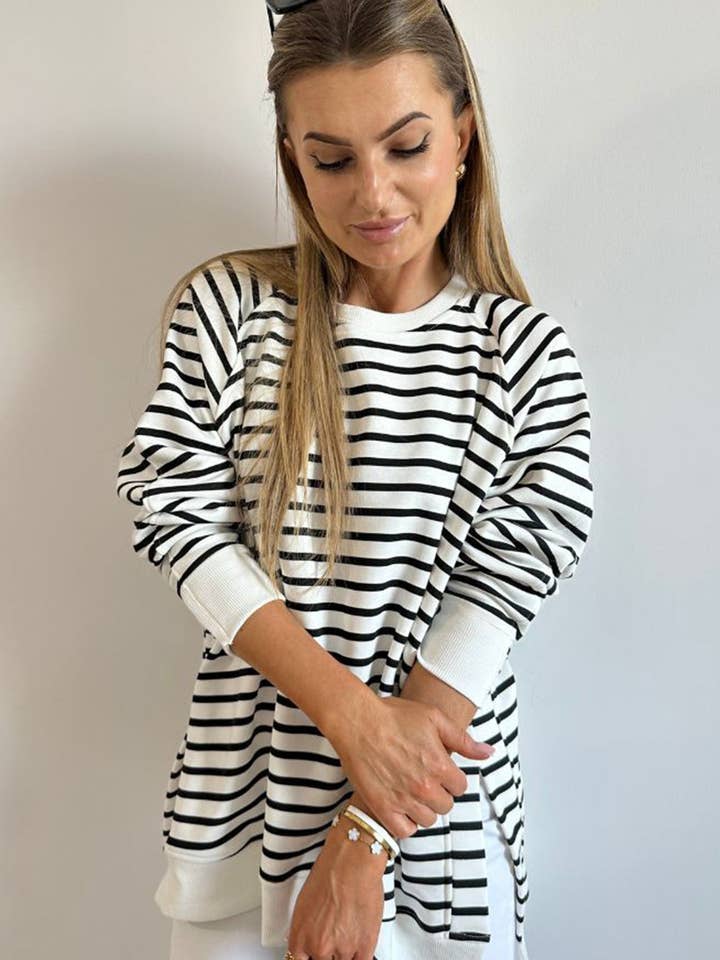 Black Stripe Raglan Sleeve Side Slits Loose Sweatshirt for wholesale on Faire