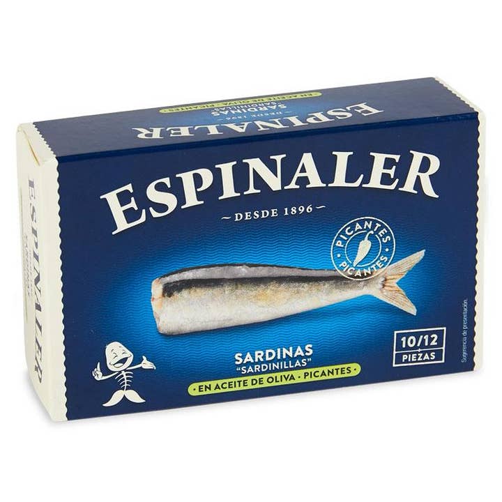 Spanish Colmado by Ibericos USA - Wholesale Tinned Fish - Baby Sardines in Spicy Olive Oil 10/12. Espinaler.