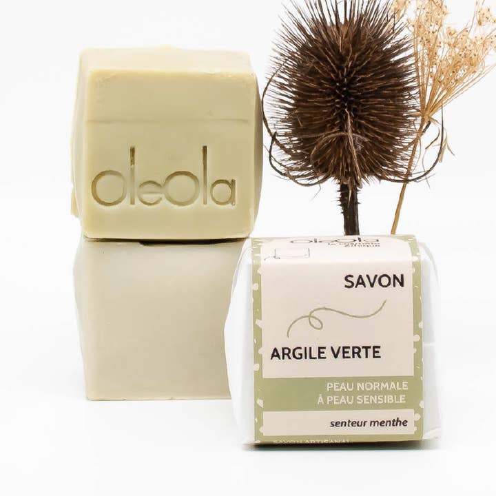 OleOla, le cosméto éthique - Vendita all'ingrosso Saponette - Sapone DELICATO all'argilla verde di Puy-en-Velay+MENTA0