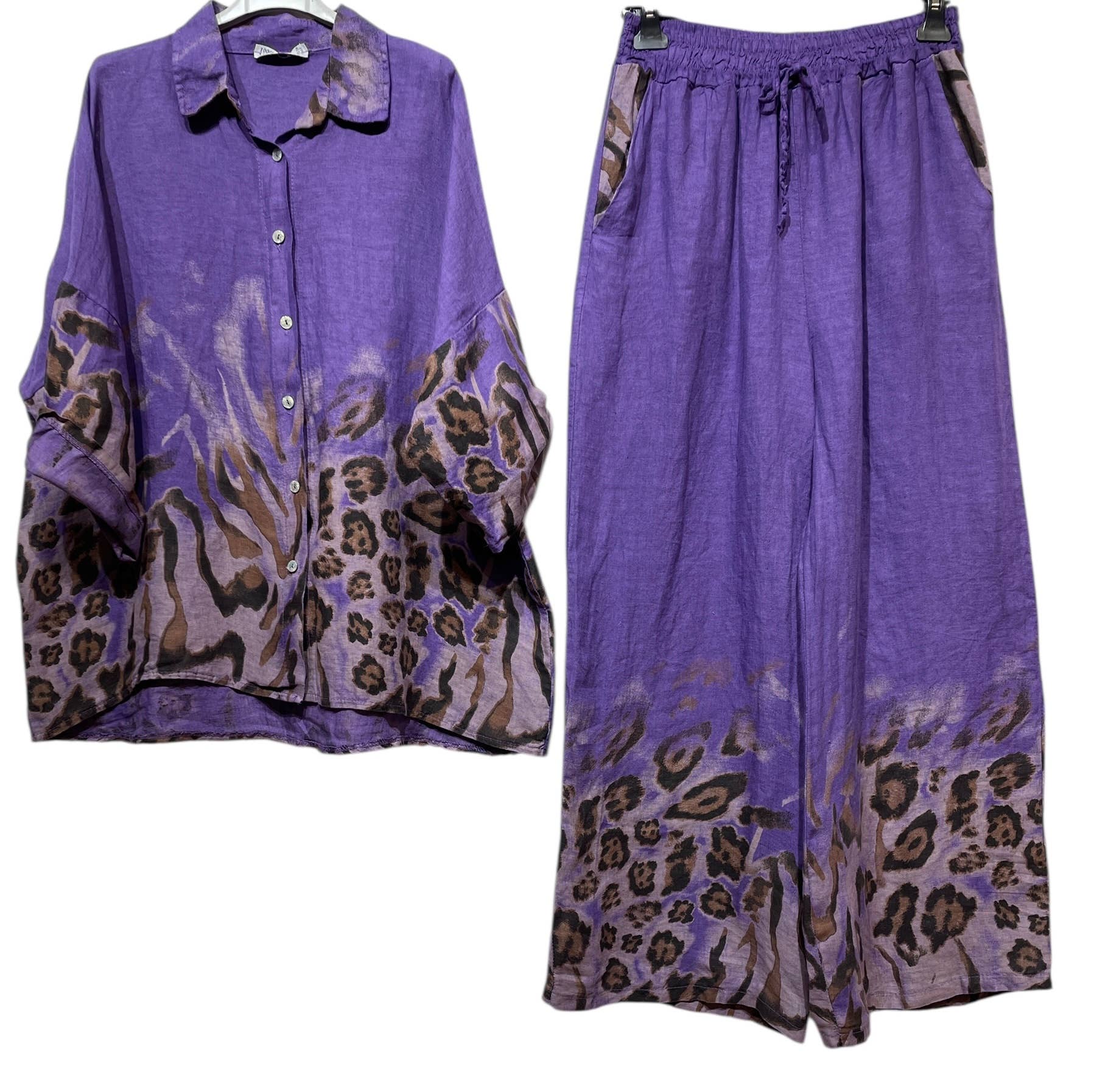 LINEN & COTTON HOUSE – Engroshandel Overdelssæt – til kvinder – Leopardmønstret hørskjorte og bukser sæt 09002 4840321